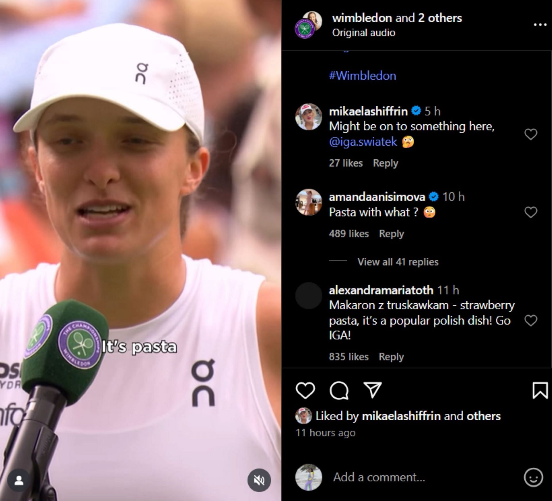 Anisimova comments on Swiatek's post; Instagram - @wimbledon